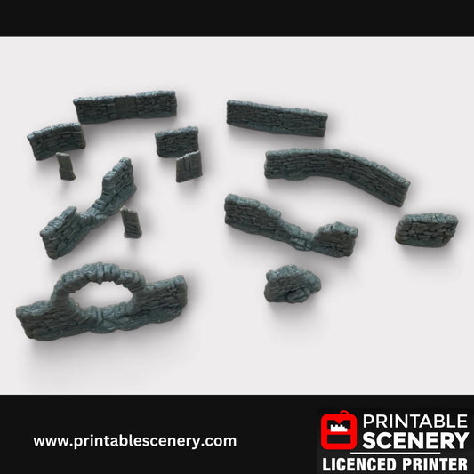 12 Piece Stone Wall Scatter Terrain Kit, DND Terrain Set, Miniature, Tabletop RPG Accessories, TTRPG, 28mm, Hagglethorn, Printable Scenery