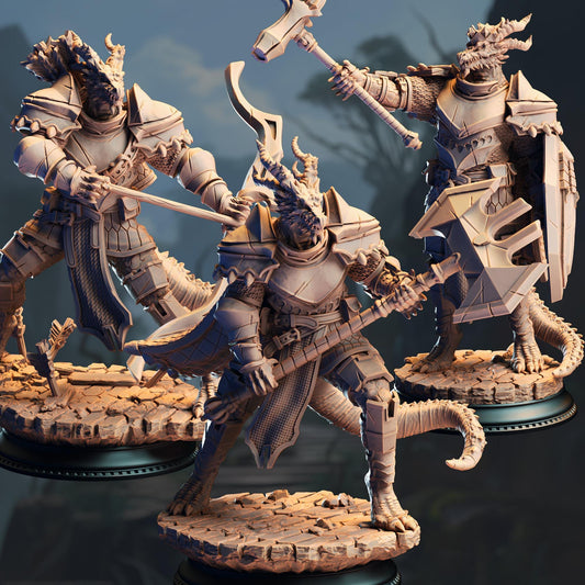 Squad of Silver Dragonborn Knights - Azmordion's Chosen 32mm Resin Miniature D&D 3D Print DND Dragonfolk