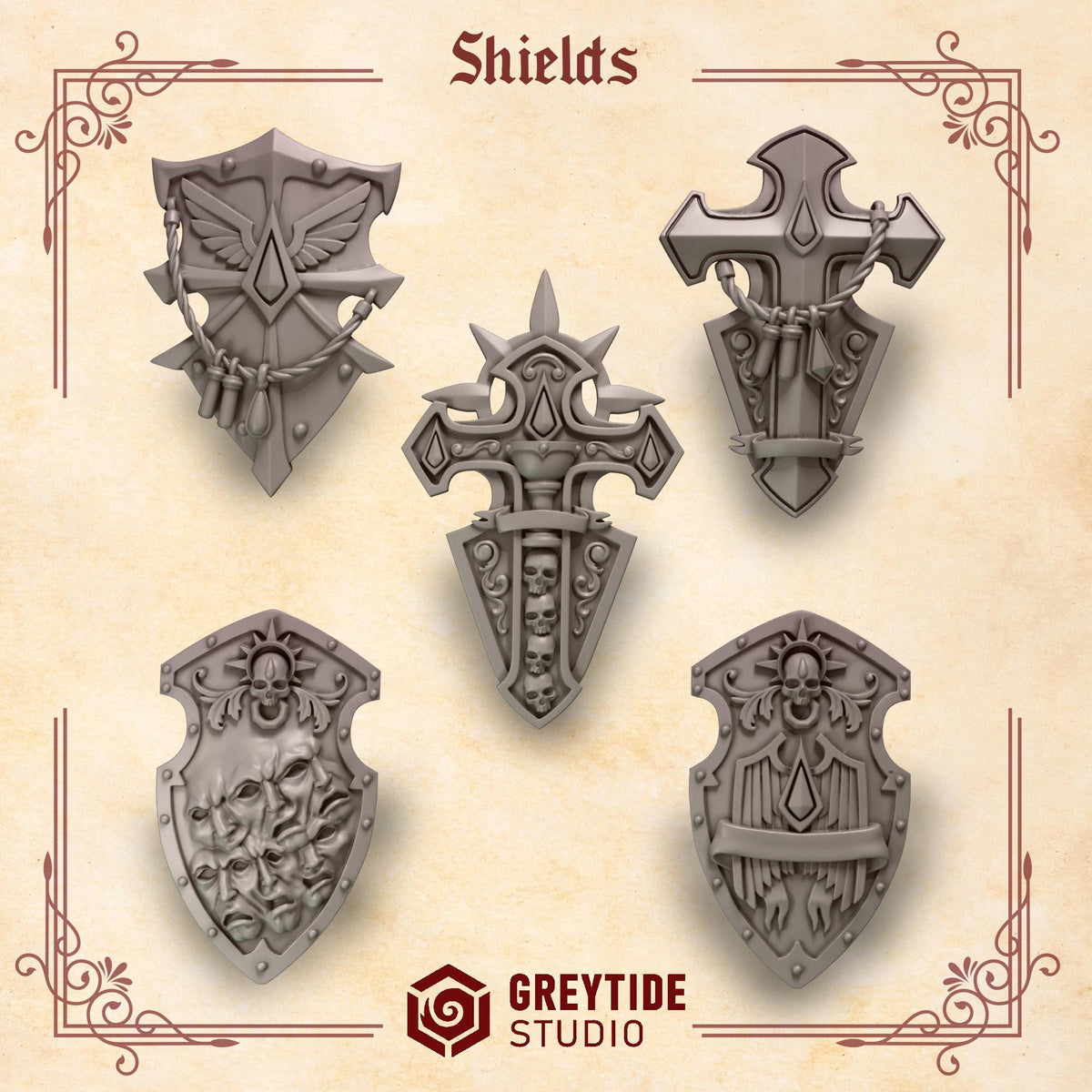 Crimson Lords Shields x5 Bits Set for Wargames & Skirmish Tabletop 3d Printed