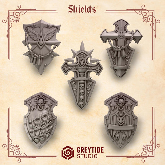 Crimson Lords Shields x5 Bits Set for Wargames & Skirmish Tabletop 3d Printed