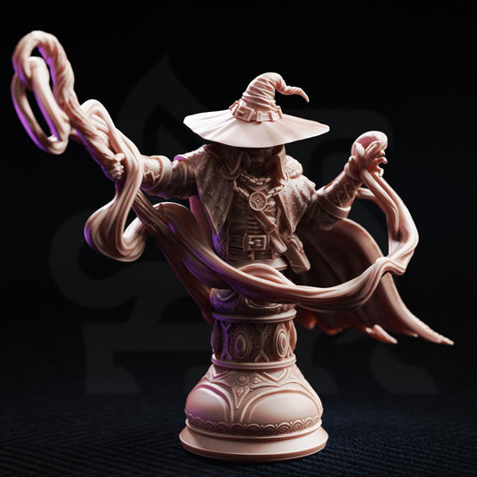 BUST Master Mage Wizard Miniature | Unpainted 32mm Resin DnD Mini | Robed Professor Archmage | Big Hat Harrison | Tabletop RPG NPC Figure
