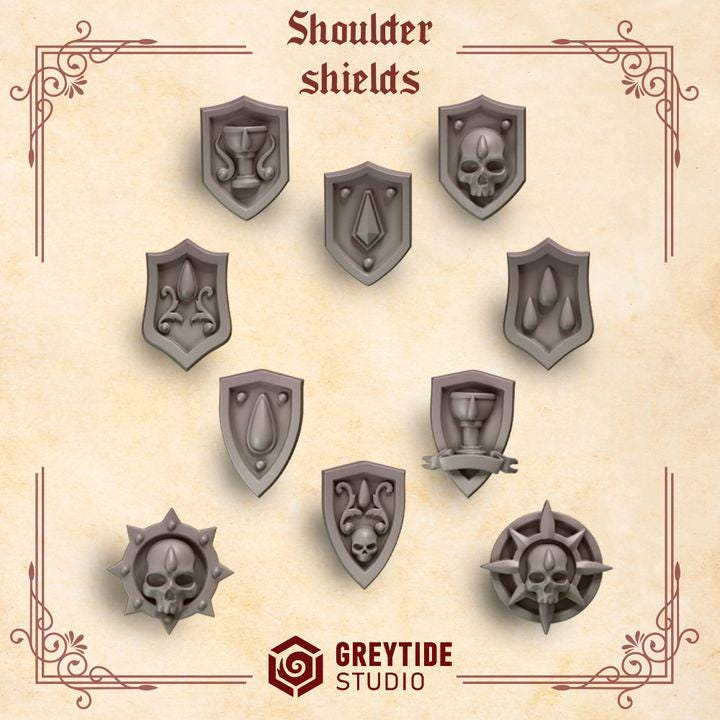 Crimson Lords Shoulder Shields x10 Bits Set for Wargames & Skirmish Tabletop 3d Printed Kit bash
