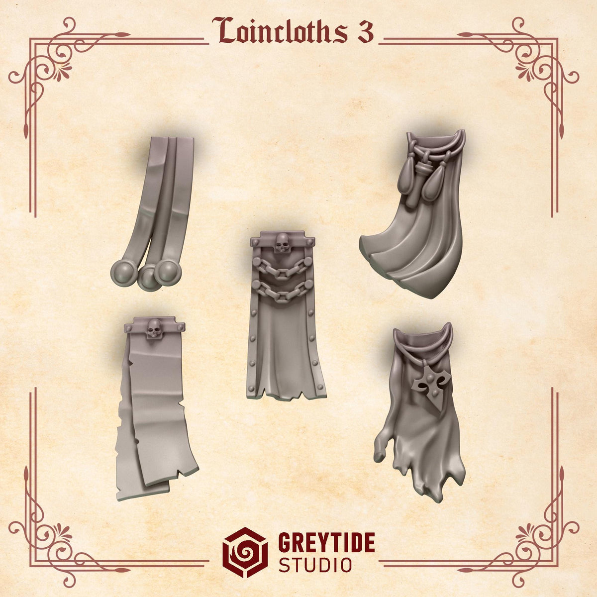 Crimson Lords Loincloths 3 Kit Bash Bits Set for Wargames & Skirmish Tabletop 3d Printed