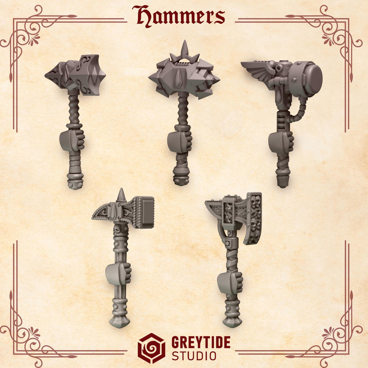 Crimson Lords Hammers Kit Bash Bits Set for Wargames & Skirmish Tabletop 3d Printed Kit bash