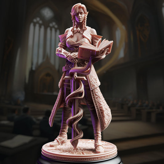 High Elf Battlemage Miniature | Unpainted 32mm Resin DnD Mini | Female Elf Wizard Spellsword | Proctor Synthelia | Tabletop RPG NPC Figure