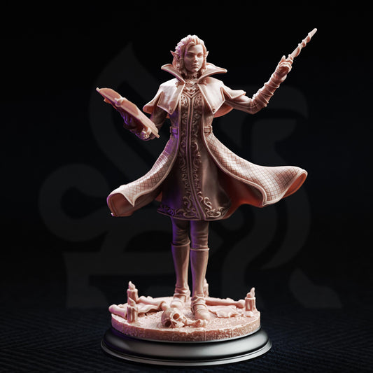 Necromancer Wizard Miniature | Unpainted 32mm Resin DnD Mini | Female Half Elf Mage Headmistress | Margaux de la Croix | Tabletop RPG NPC