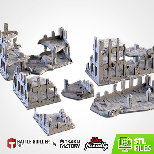 Ruined City Buildings Terrain Set | 32mm Post Apocalyptic Wargaming Scenery | War Torn Urban Tabletop Ruins