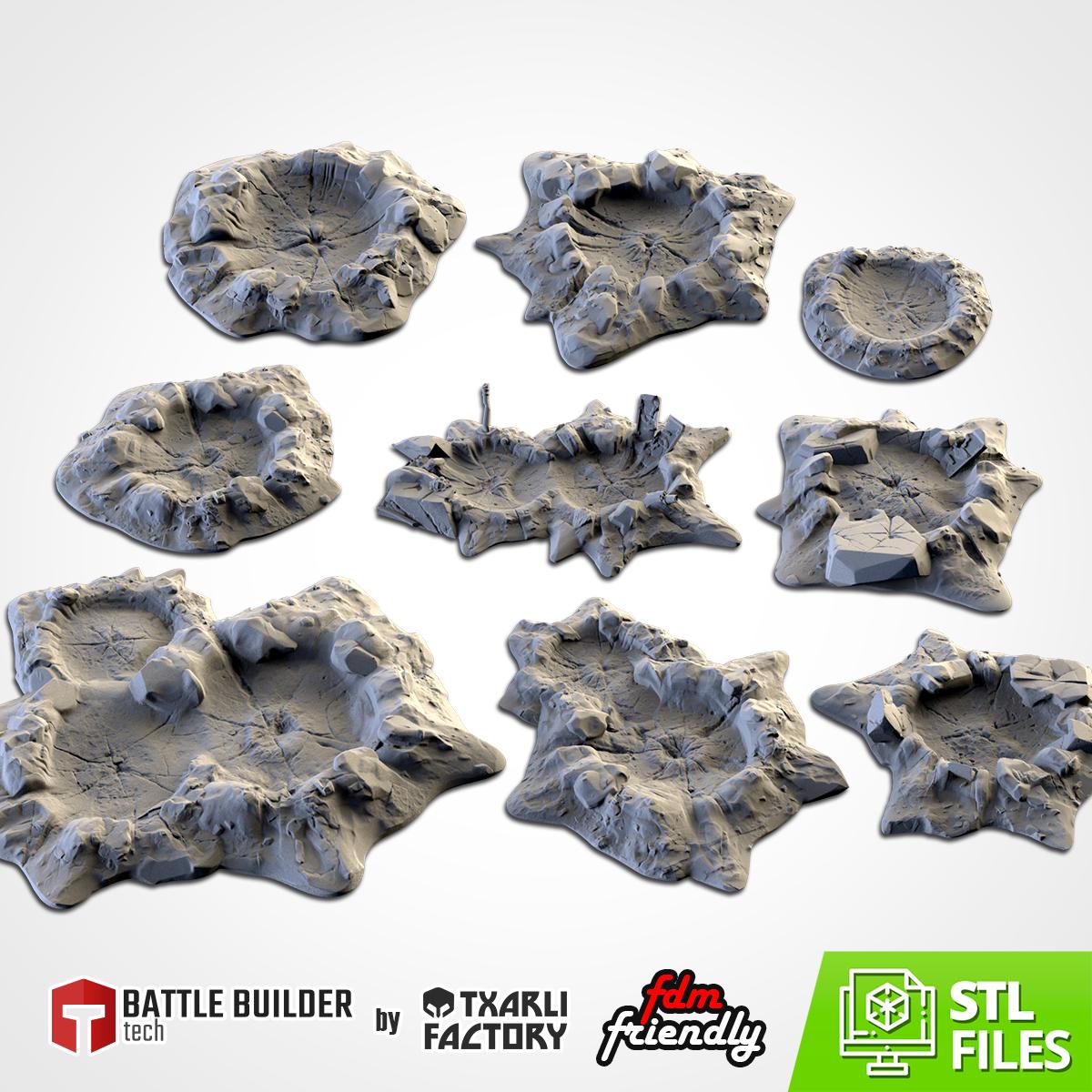 Bomb Craters Terrain Set | 32mm Battlefield Blast Crater Scenery | Post Apocalyptic Wargaming Tabletop Cover | War Torn Sci-Fi Diorama