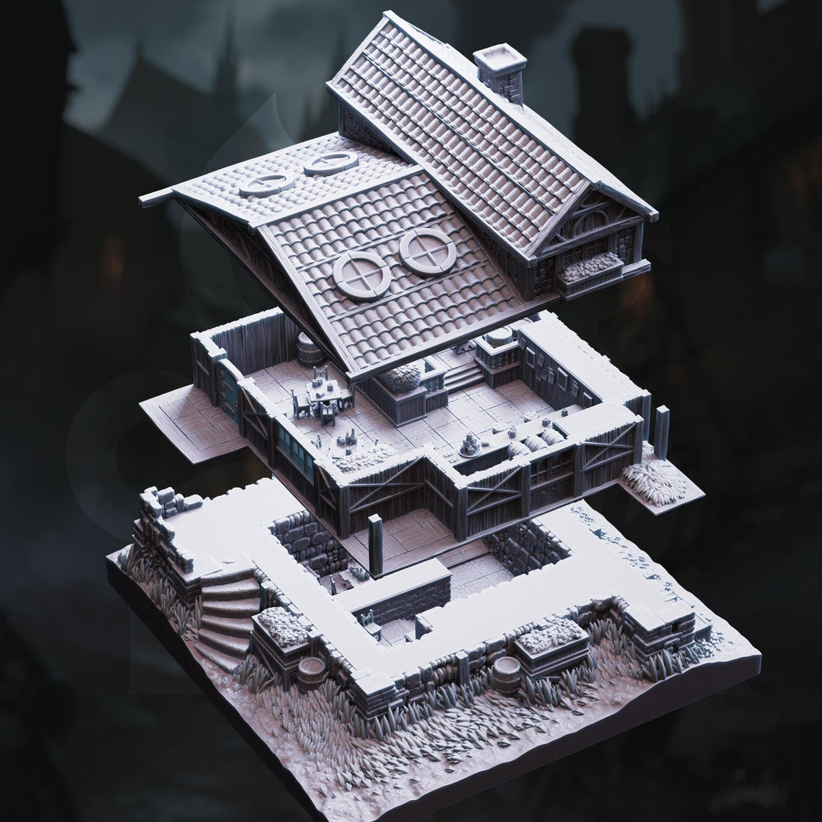 Fantasy Tavern Inn Terrain Set | 28mm Multi Level Bar with Secret Hideout Basement | Tabletop RPG Scenery & Furniture | DnD City Diorama