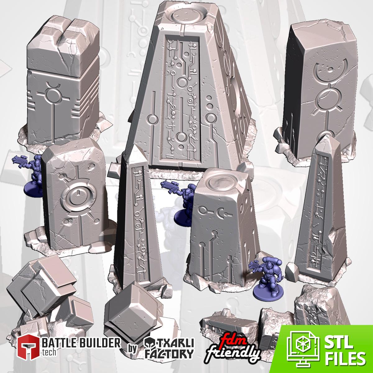 Alien Monoliths Terrain Set | 32mm Sci-Fi Obelisk Stones Scenery | Tabletop Wargaming Objective Markers | Ancient Alien RPG Diorama