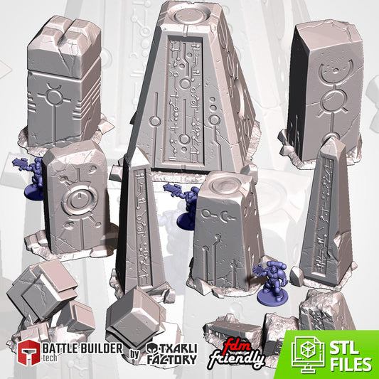 Alien Monoliths Terrain Set | 32mm Sci-Fi Obelisk Stones Scenery | Tabletop Wargaming Objective Markers | Ancient Alien RPG Diorama