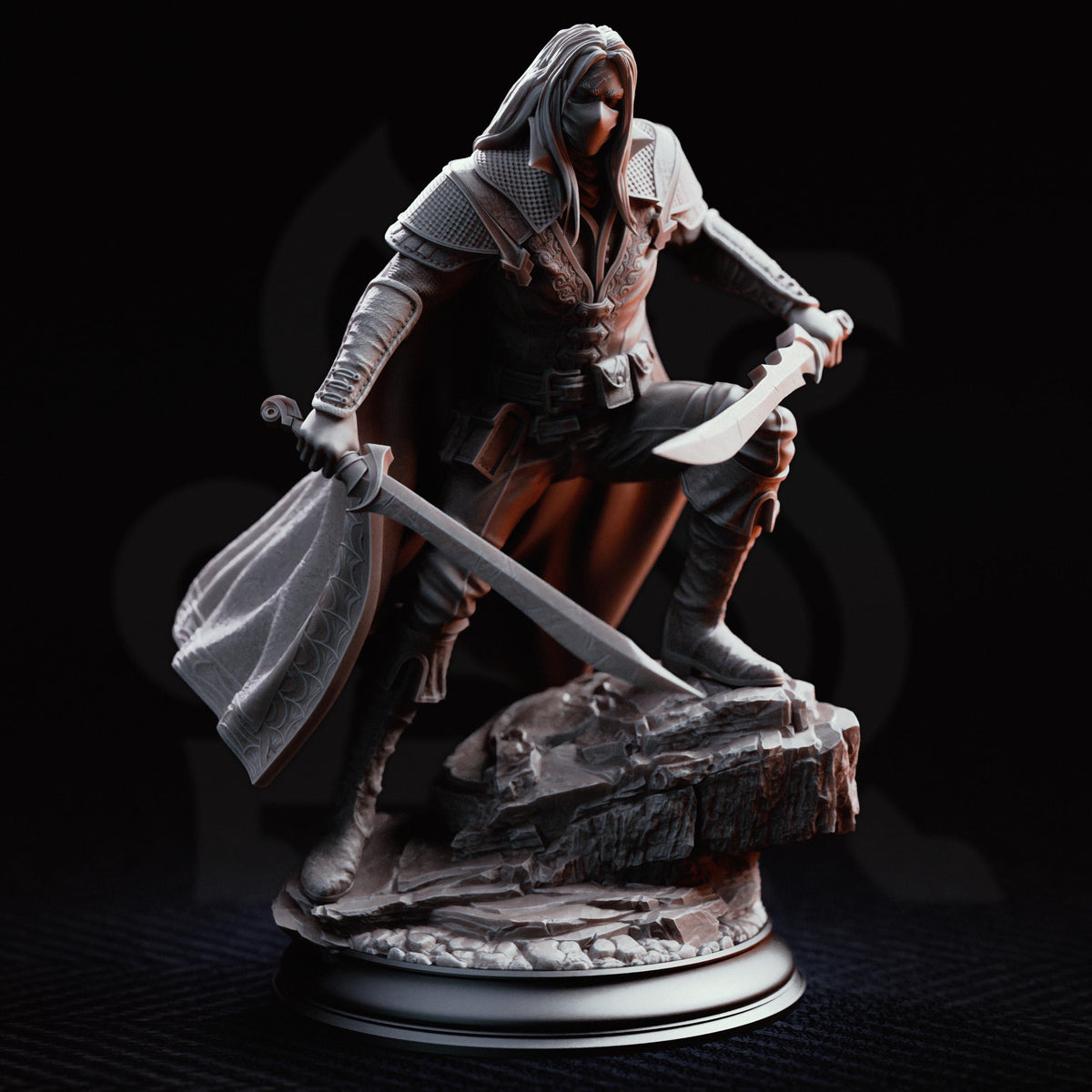 Monster Hunter Rogue Miniature Severin | 32mm 75mm Hexhunter Resin Mini | Unpainted Tabletop RPG Fighter Figure | DnD Grim NPC Character