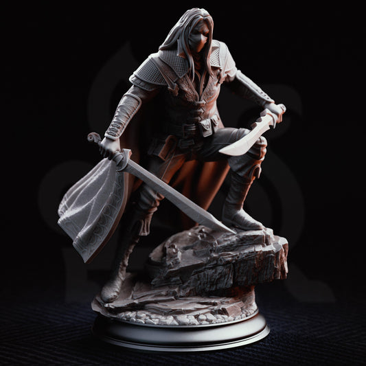 Monster Hunter Rogue Miniature Severin | 32mm 75mm Hexhunter Resin Mini | Unpainted Tabletop RPG Fighter Figure | DnD Grim NPC Character