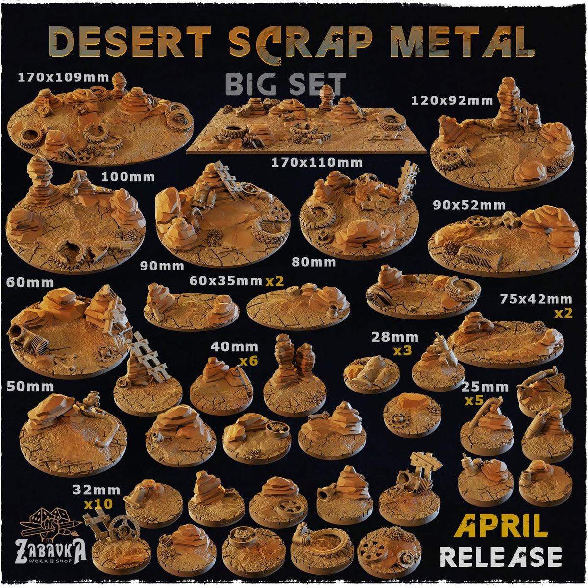 Desert Scrap Metal Miniature Bases & Toppers | 25mm 32mm 40mm Round Oval | Wasteland Wargaming Resin Base Set | Magnet Ready Basing