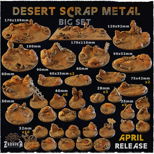 Desert Scrap Metal Miniature Bases & Toppers | 25mm 32mm 40mm Round Oval | Wasteland Wargaming Resin Base Set | Magnet Ready Basing