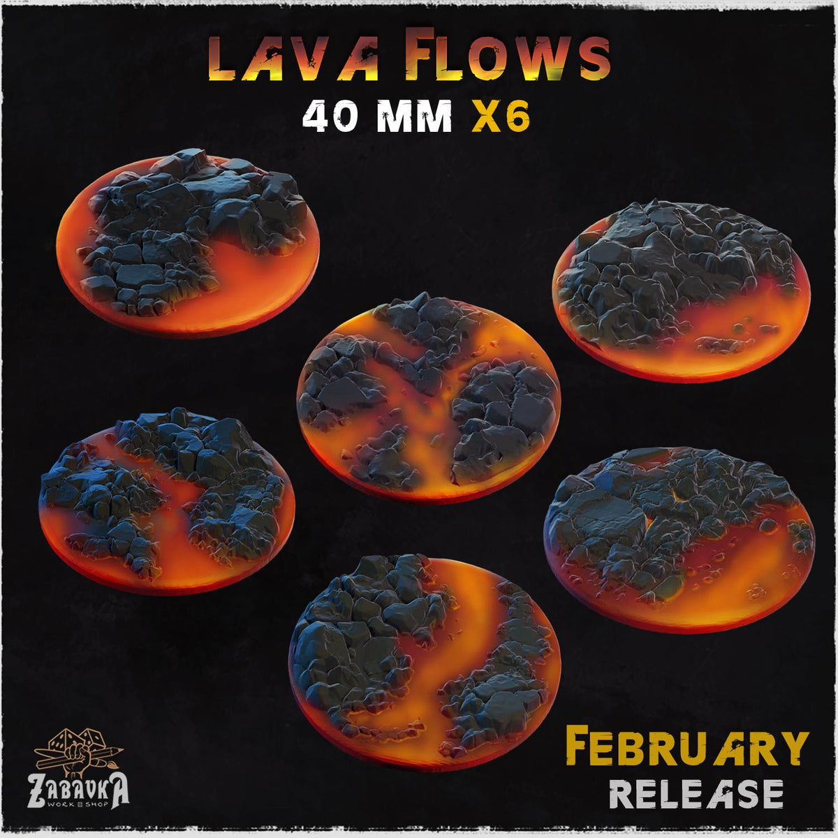 Lava Flow Miniature Bases & Toppers | 25mm 32mm 40mm Round Oval Sizes | Volcanic Magma Wargaming Resin Base Set | Magnet Ready Basing