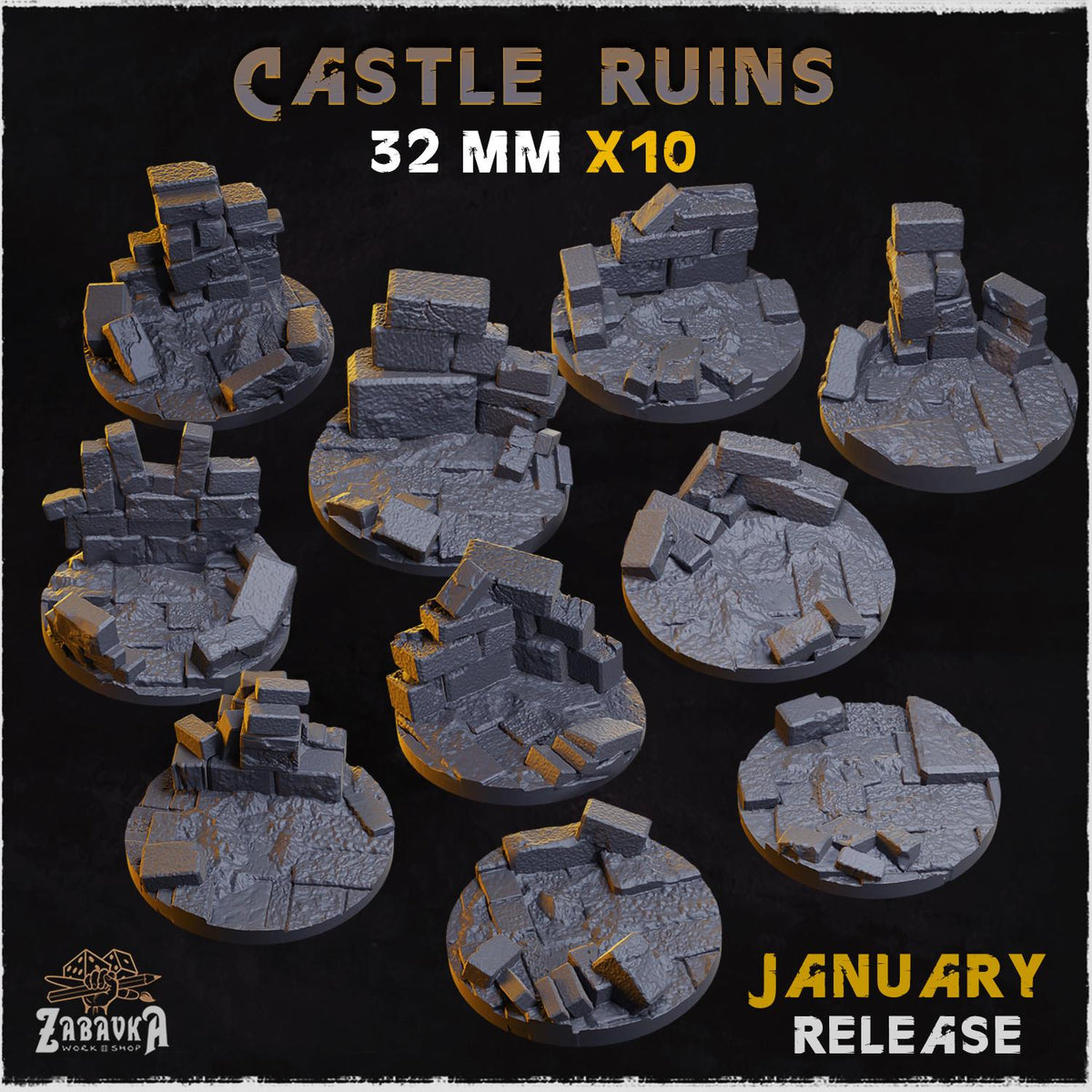 Castle Ruins Miniature Bases & Toppers | 25mm 32mm 40mm Round Oval Sizes | Medieval Fantasy Wargaming Resin Base Set | Magnet Ready