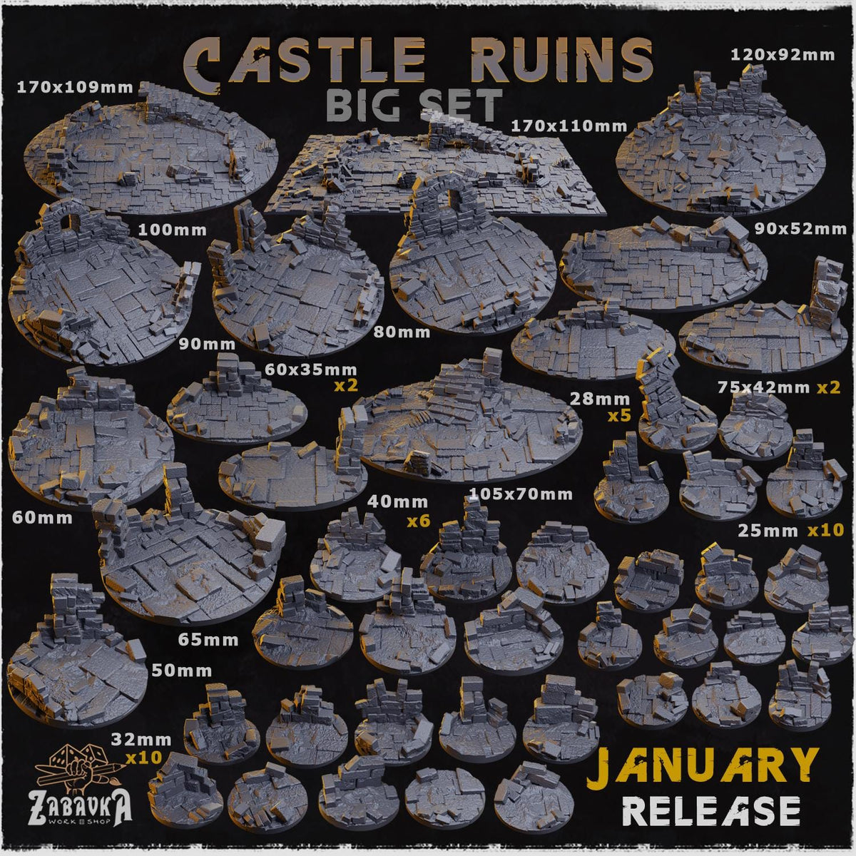 Castle Ruins Miniature Bases & Toppers | 25mm 32mm 40mm Round Oval Sizes | Medieval Fantasy Wargaming Resin Base Set | Magnet Ready