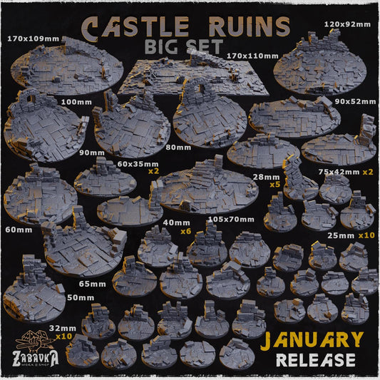 Castle Ruins Miniature Bases & Toppers | 25mm 32mm 40mm Round Oval Sizes | Medieval Fantasy Wargaming Resin Base Set | Magnet Ready