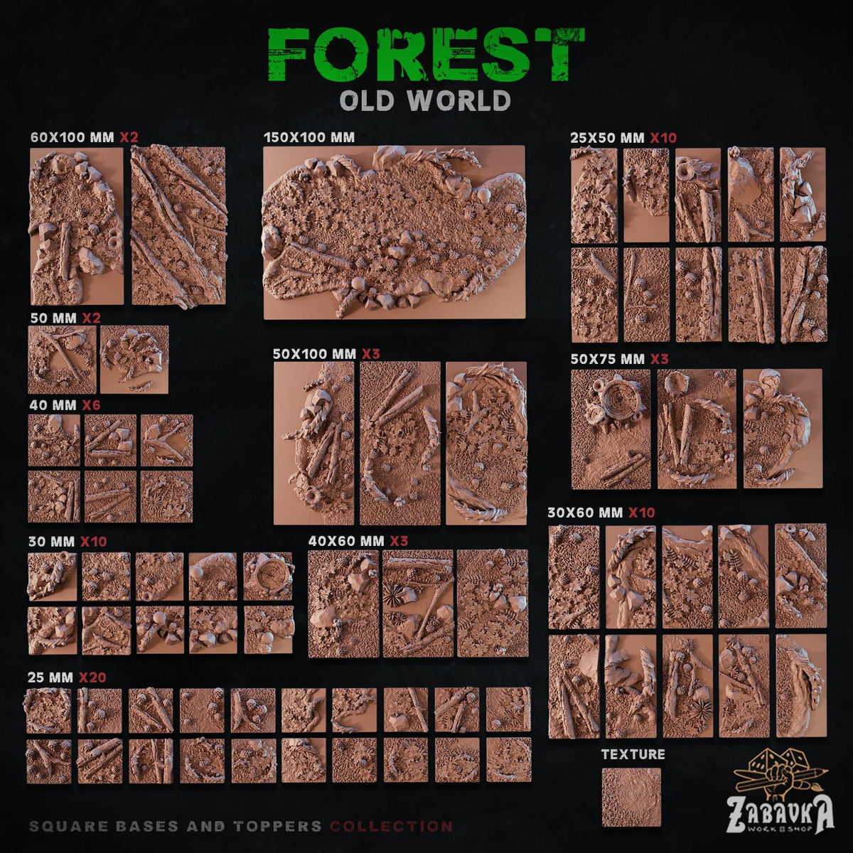 Forest Square Miniature Bases & Toppers | 25mm 30mm 40mm 50mm Rectangle Sizes | Rank and Flank Wargaming Resin Base Set | Magnet Ready