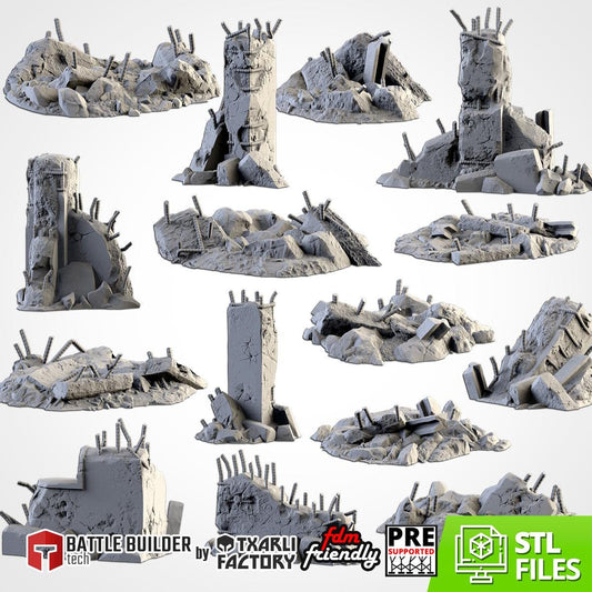City Debris Scatter Terrain Set | 32mm Wargaming Rubble & Barricades | Post Apocalyptic Tabletop Scenery | Sci-Fi Battlefield Cover