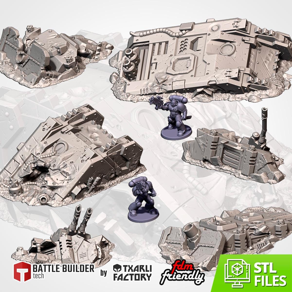 Crashed Tank Wrecks Terrain Set | 32mm Destroyed Sci-Fi Vehicle Scenery | Tabletop Wargaming Battlefield Cover | Post Apocalyptic Diorama