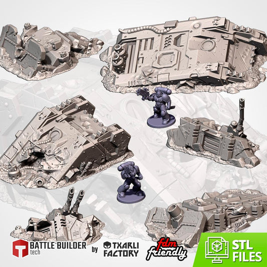 Crashed Tank Wrecks Terrain Set | 32mm Destroyed Sci-Fi Vehicle Scenery | Tabletop Wargaming Battlefield Cover | Post Apocalyptic Diorama