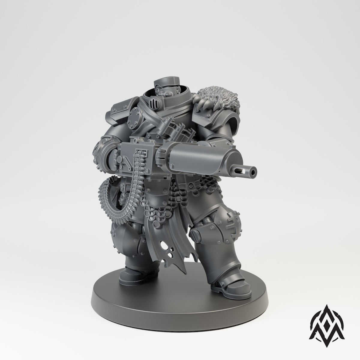 Bearskin Heavy Infantry Miniature, 32mm Resin Armored Machine Gunner, Dieselpunk Tabletop Figure, Gothic Sci Fi Soldier, Grimdark Wargaming
