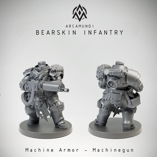 Bearskin Heavy Infantry Miniature, 32mm Resin Armored Machine Gunner, Dieselpunk Tabletop Figure, Gothic Sci Fi Soldier, Grimdark Wargaming