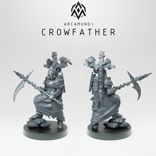 Crowfather War Prophet Miniature | 32mm Grimdark Raven Priest Resin Mini | Unpainted Dark Wargaming Figure | Crow Scythe Cult Leader