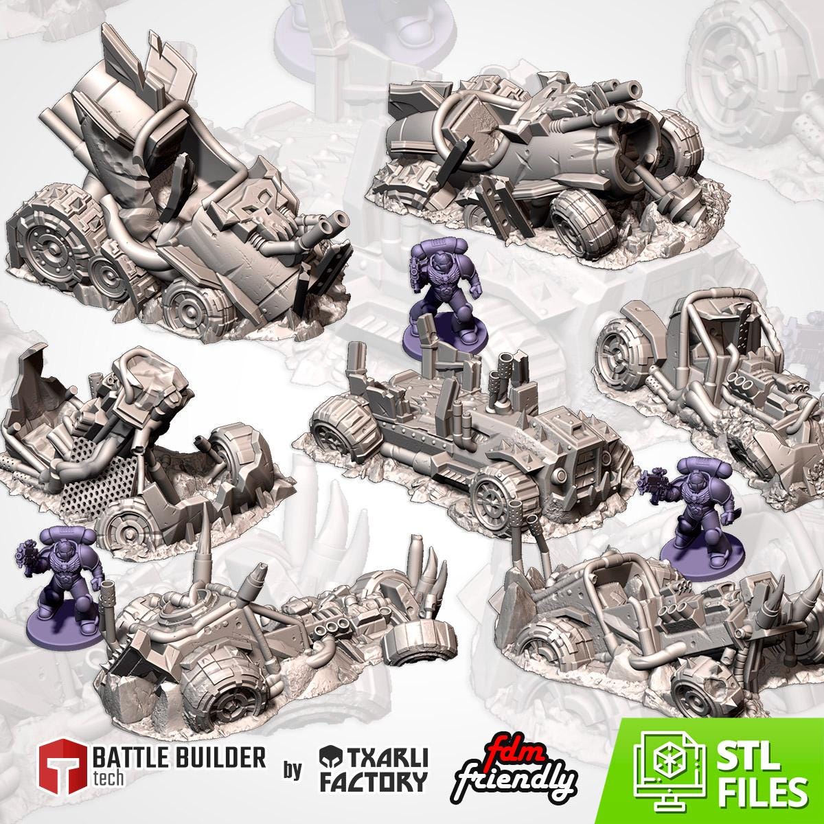 Crashed Orc Buggies Terrain Set | 32mm Destroyed Sci-Fi Vehicle Wrecks | Tabletop Wargaming Battlefield Cover | Post Apocalyptic Diorama