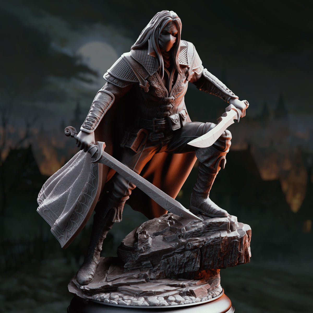 Monster Hunter Rogue Miniature Severin | 32mm 75mm Hexhunter Resin Mini | Unpainted Tabletop RPG Fighter Figure | DnD Grim NPC Character