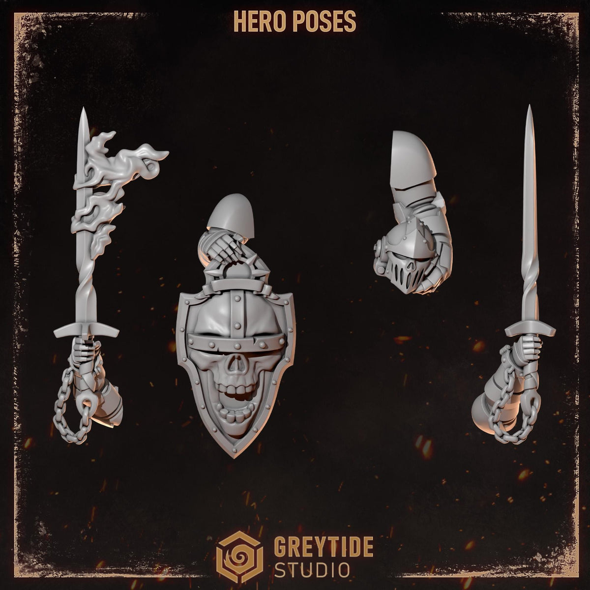 Cursed Company 2 Conversion Bits Pack | Flaming Skull Helmet & Weapon Resin Bits | Miniature Kitbash Set | Grimdark Wargaming Fire FX