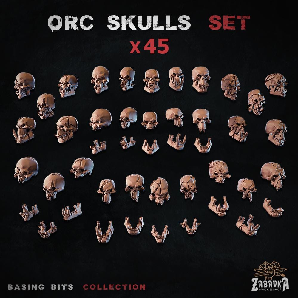Orc Skull Basing Bits | Miniature Base Decoration Resin Pieces | Tabletop Wargaming Diorama Accessories | Fantasy Hobby Skull Scatter