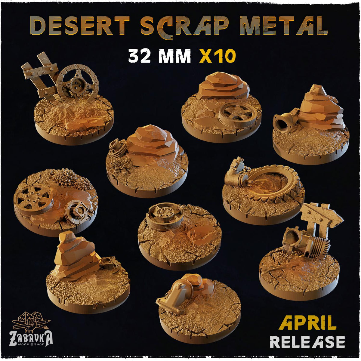 Desert Scrap Metal Miniature Bases & Toppers | 25mm 32mm 40mm Round Oval | Wasteland Wargaming Resin Base Set | Magnet Ready Basing