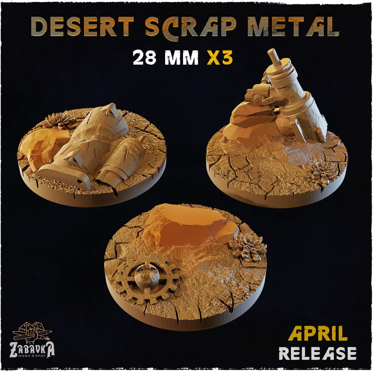 Desert Scrap Metal Miniature Bases & Toppers | 25mm 32mm 40mm Round Oval | Wasteland Wargaming Resin Base Set | Magnet Ready Basing