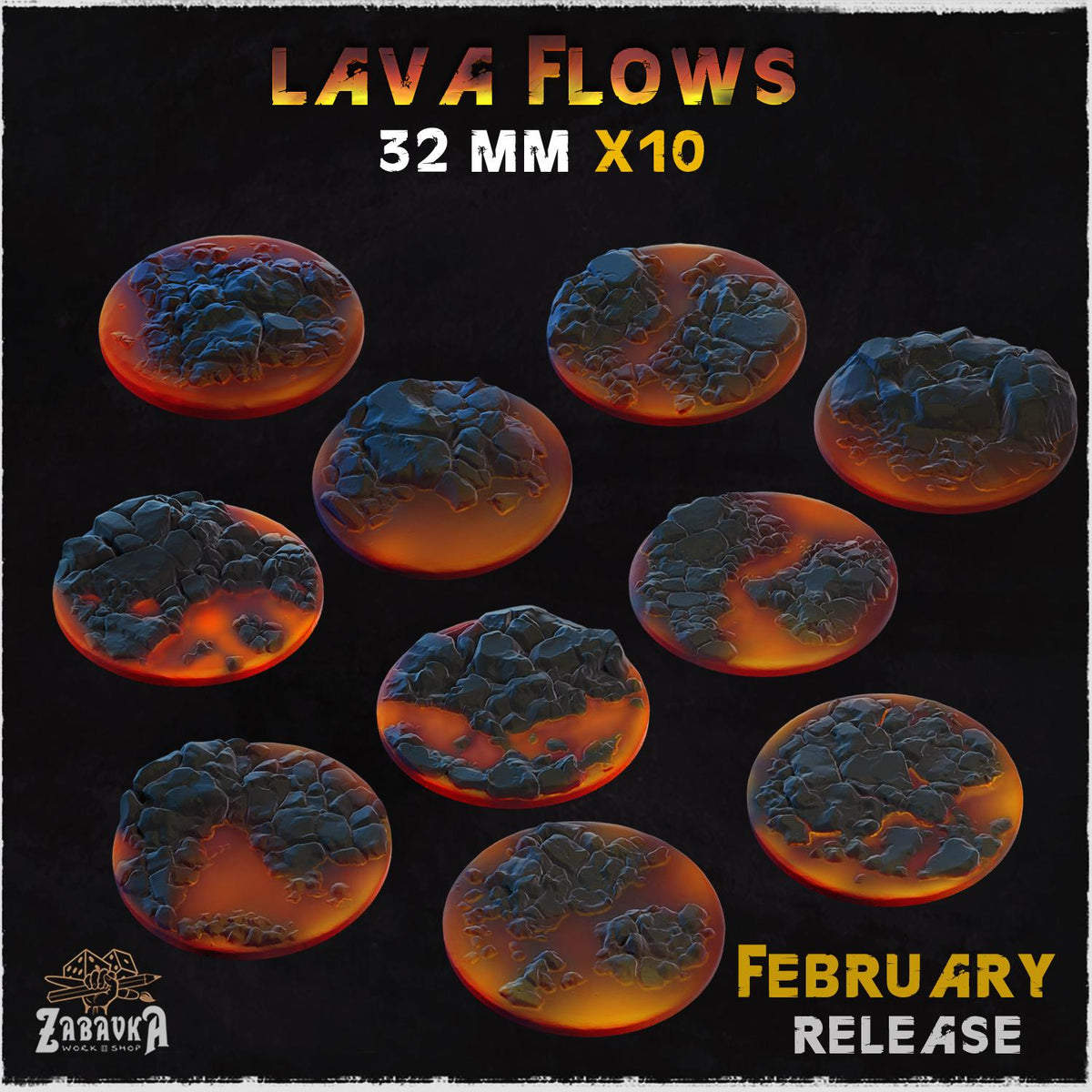 Lava Flow Miniature Bases & Toppers | 25mm 32mm 40mm Round Oval Sizes | Volcanic Magma Wargaming Resin Base Set | Magnet Ready Basing