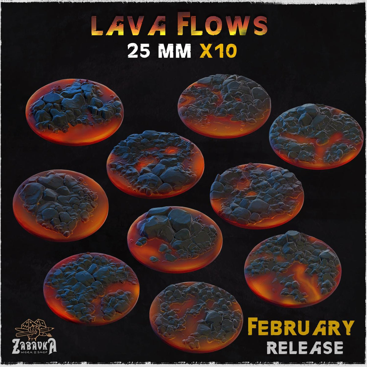 Lava Flow Miniature Bases & Toppers | 25mm 32mm 40mm Round Oval Sizes | Volcanic Magma Wargaming Resin Base Set | Magnet Ready Basing