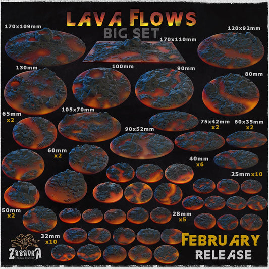 Lava Flow Miniature Bases & Toppers | 25mm 32mm 40mm Round Oval Sizes | Volcanic Magma Wargaming Resin Base Set | Magnet Ready Basing