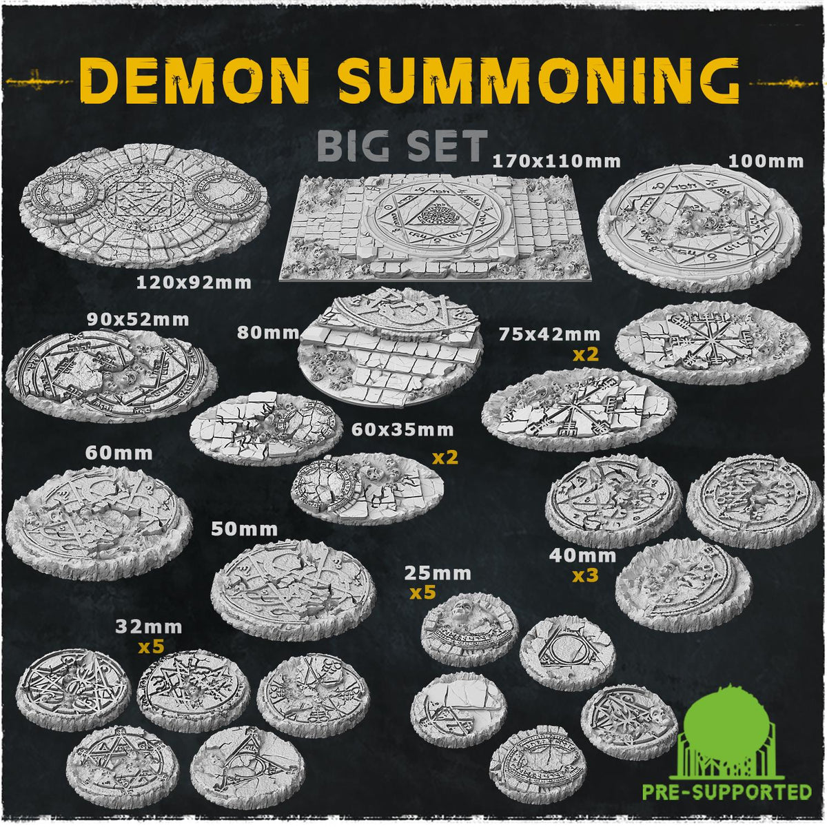 Demon Summoning Circle Miniature Bases & Toppers | 25mm 32mm 40mm Round Oval | Occult Rune Wargaming Resin Base Set | Magnet Ready