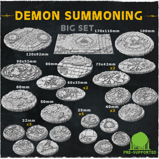 Demon Summoning Circle Miniature Bases & Toppers | 25mm 32mm 40mm Round Oval | Occult Rune Wargaming Resin Base Set | Magnet Ready