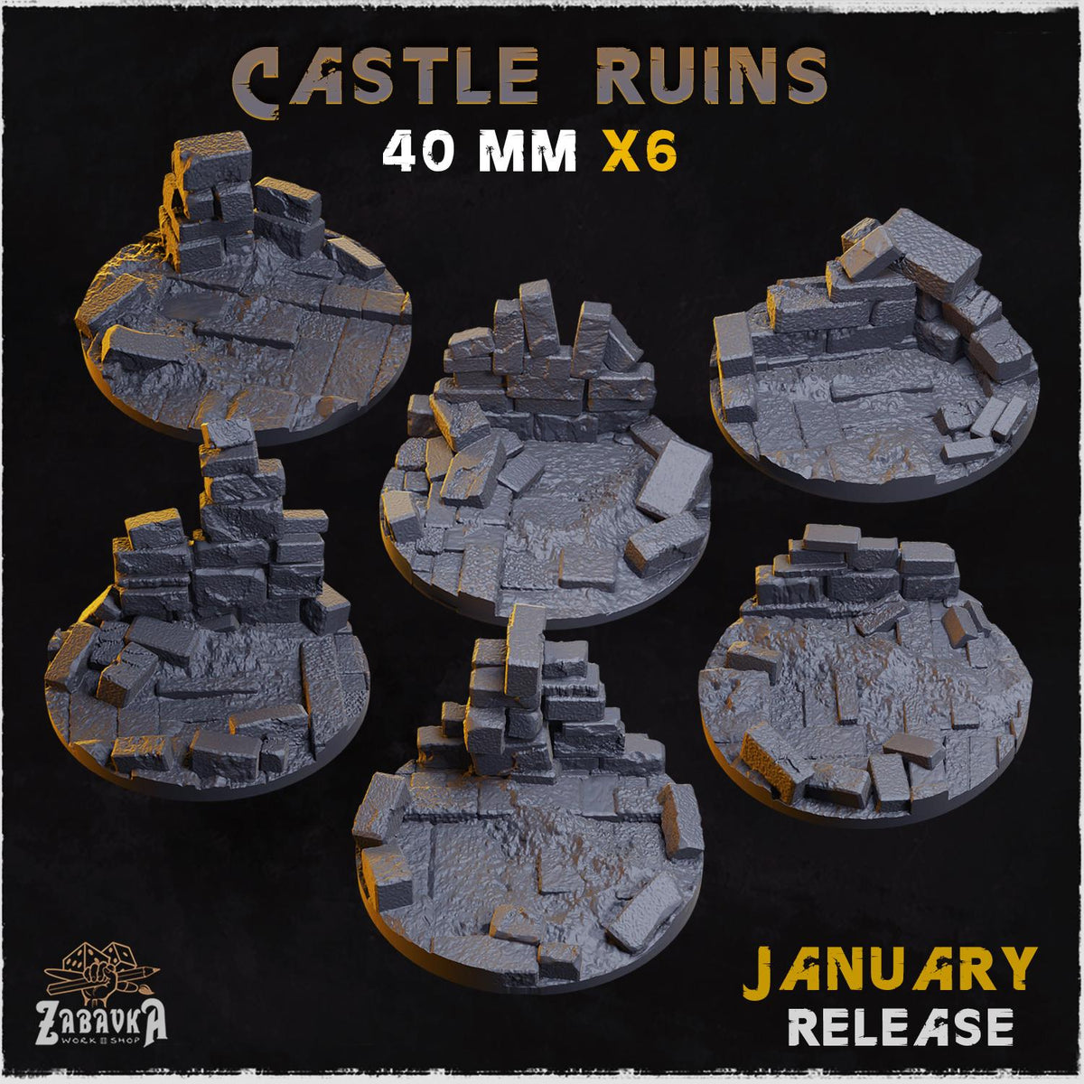 Castle Ruins Miniature Bases & Toppers | 25mm 32mm 40mm Round Oval Sizes | Medieval Fantasy Wargaming Resin Base Set | Magnet Ready