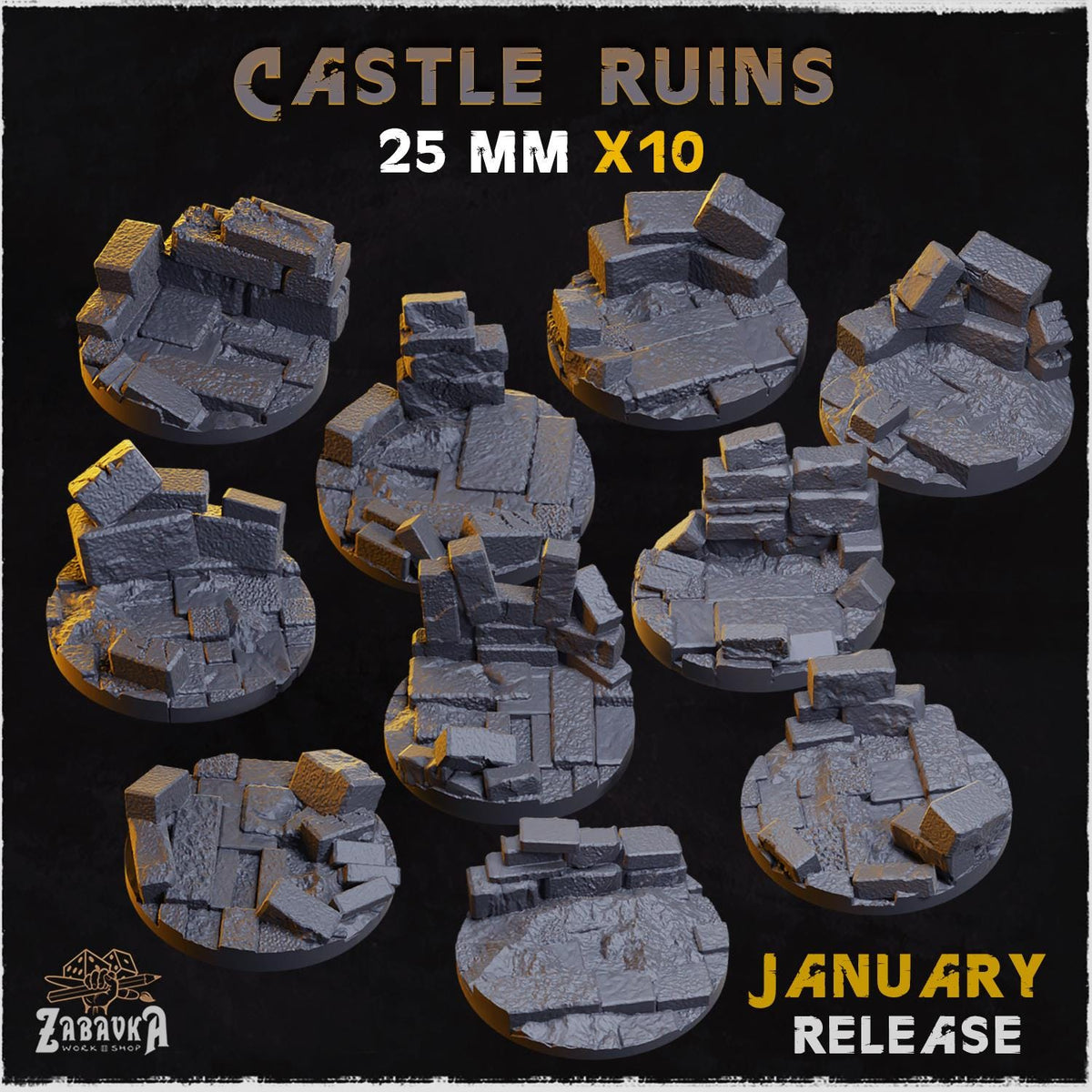 Castle Ruins Miniature Bases & Toppers | 25mm 32mm 40mm Round Oval Sizes | Medieval Fantasy Wargaming Resin Base Set | Magnet Ready