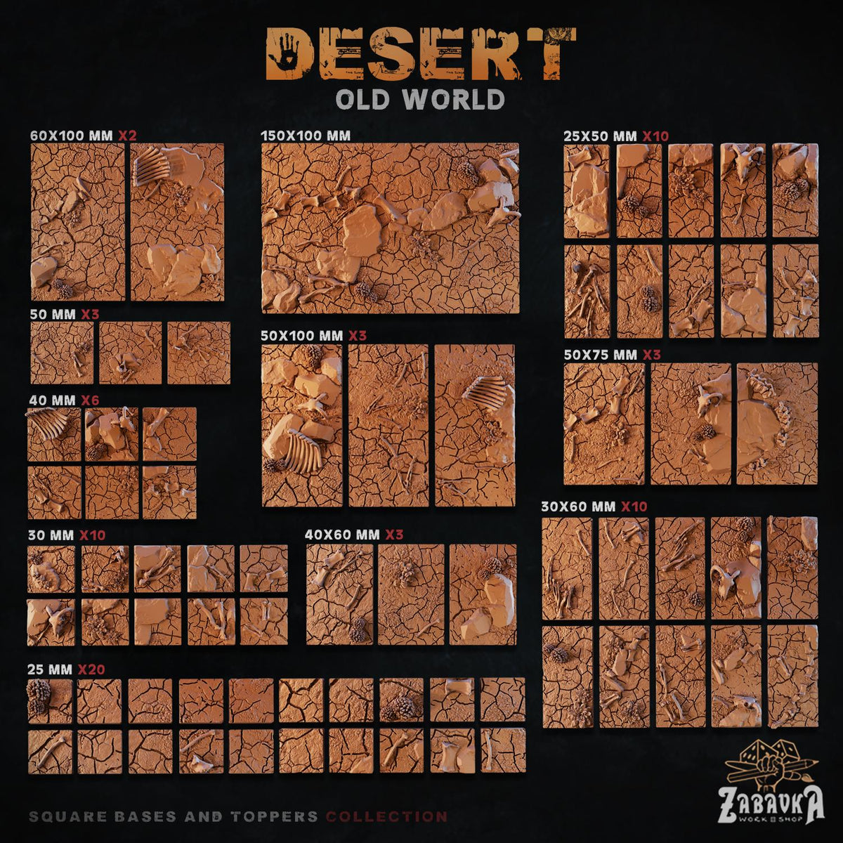 Desert Square Miniature Bases & Toppers | 25mm 30mm 40mm 50mm Rectangle Sizes | Rank and Flank Wargaming Resin Base Set | Magnet Ready