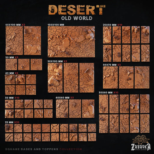 Desert Square Miniature Bases & Toppers | 25mm 30mm 40mm 50mm Rectangle Sizes | Rank and Flank Wargaming Resin Base Set | Magnet Ready