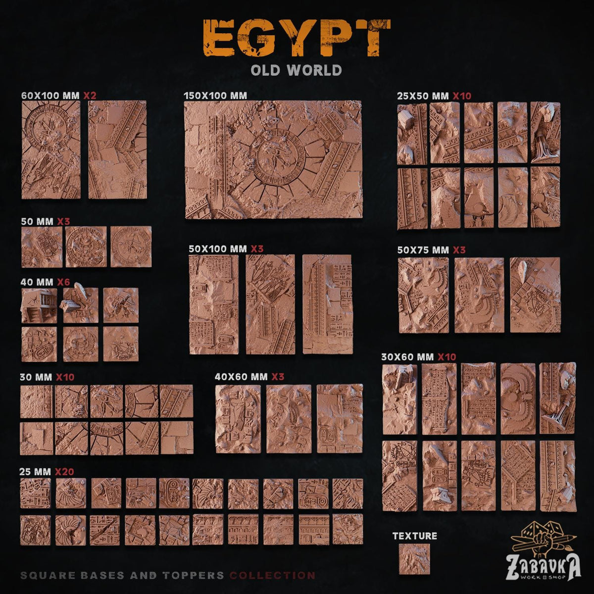 Egyptian Tomb Square Miniature Bases & Toppers | 25mm 30mm 40mm 50mm Rectangle Sizes | Rank and Flank Wargaming Resin Base Set | Magnets