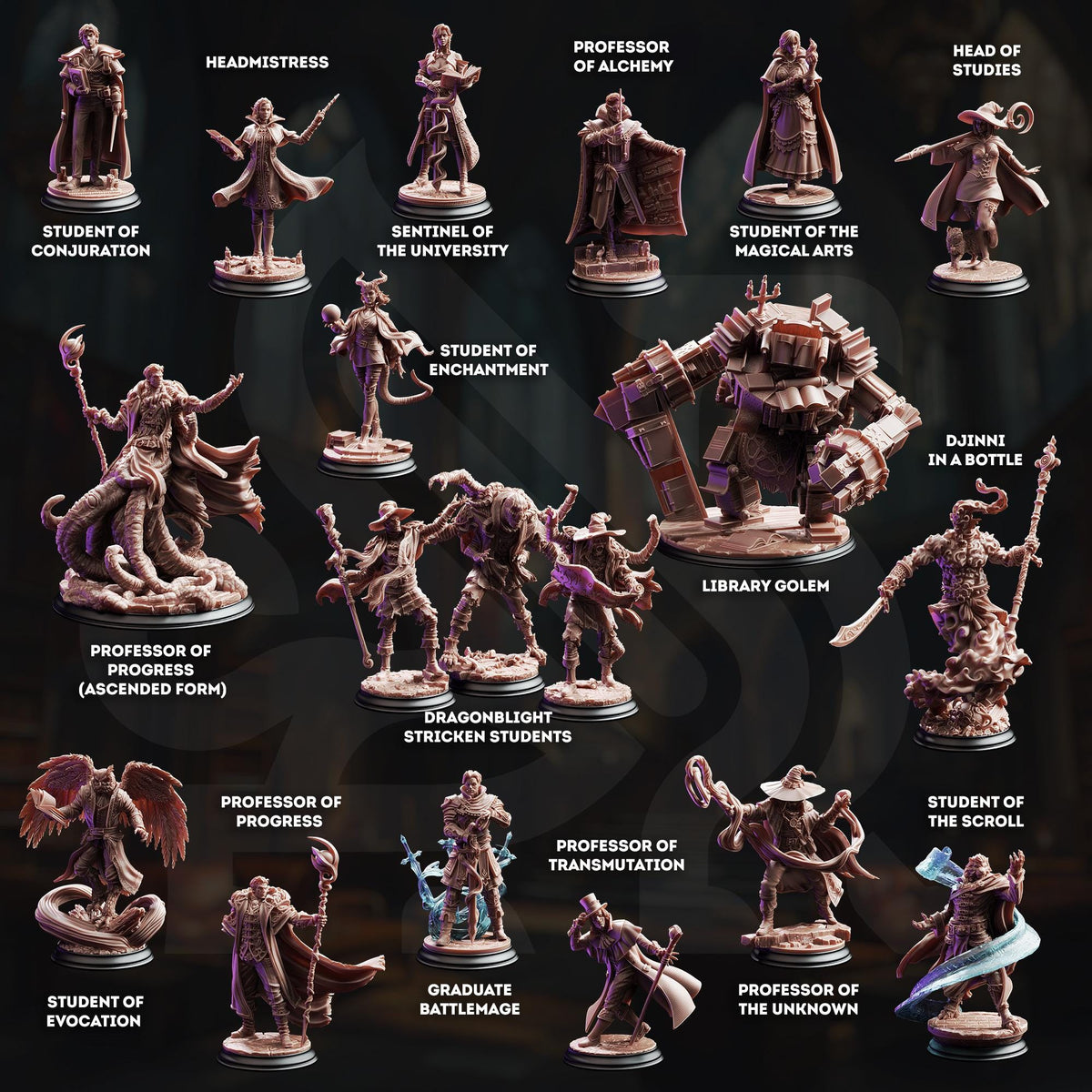 Wizard School Miniature Collection | 21 Mage Academy Resin Minis Bust & Hall Terrain Set | Unpainted Fantasy RPG Bundle | DnD Arcane Set