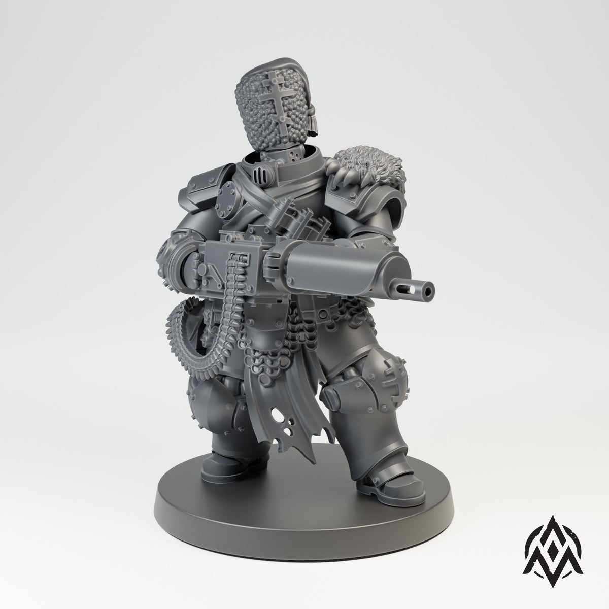 Bearskin Heavy Infantry Miniature, 32mm Resin Armored Machine Gunner, Dieselpunk Tabletop Figure, Gothic Sci Fi Soldier, Grimdark Wargaming