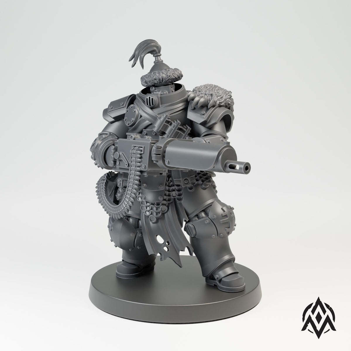 Bearskin Heavy Infantry Miniature, 32mm Resin Armored Machine Gunner, Dieselpunk Tabletop Figure, Gothic Sci Fi Soldier, Grimdark Wargaming