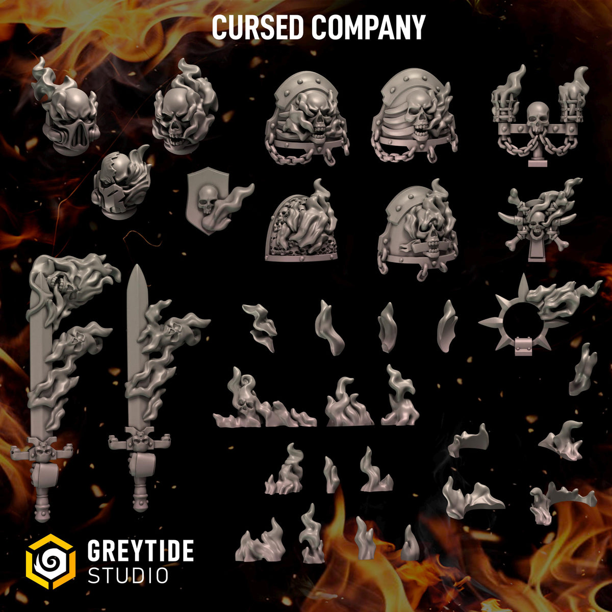 Cursed Company Conversion Bits 35 Pack | Flaming Skull Helmet & Weapon Resin Bits | Miniature Kitbash Set | Grimdark Wargaming Fire FX